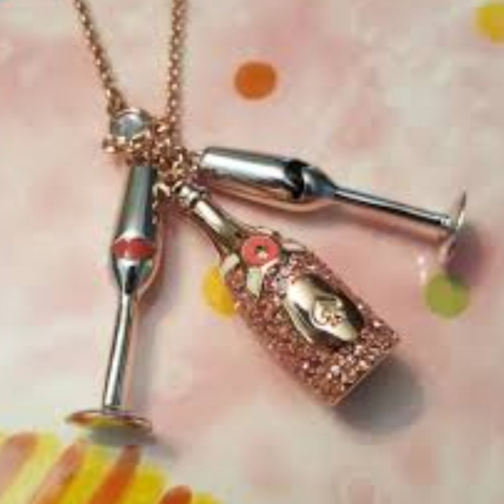 Kate Spade “Make Magic” Rose GoldNecklace Champagne Bottle & Stemware Necklace.